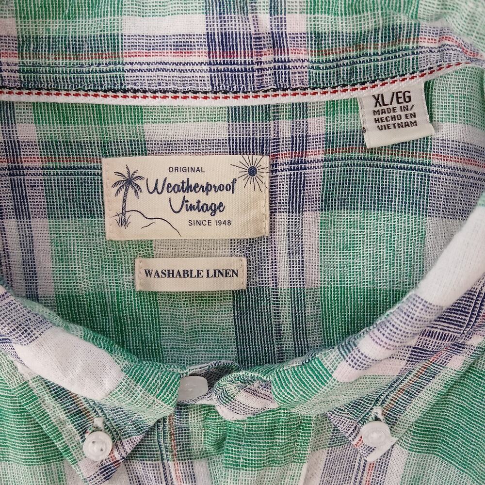 Weatherproof Vintage Washable Linen Shirt Mens XL green blue plaid short sleeve - Picture 7 of 14